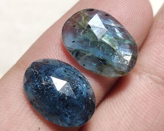 2 Teal Moss Kyanite Gemstones, Oval Faceted Stones