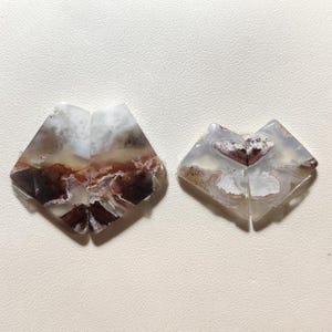 May include: Two matching, irregularly shaped, polished gemstones. The stones display a mix of white, brown, and reddish-brown patterns, reminiscent of landscapes. The gemstones are set against a neutral background, highlighting their natural beauty.