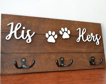 Key and Leash holder for wall, His Hers Pet paw, home key holder, Personalized 3D wooden sign, Entryway organizer, Pet lover gift, key rack