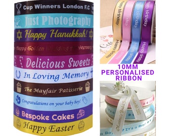 Personalised Satin Ribbon, 10mm Satin Ribbon, Gift Wrapping, Birthdays, Weddings, Anniversary, Customised Ribbon, Corporate Branded Ribbons