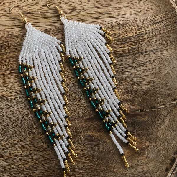 Angel Wing Earrings, beaded wing earrings, white, gold, and blue feather wing earrings, wing earrings, white dangle feather wing earrings