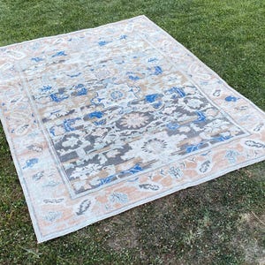 7x9 Vintage Oushak Rug: Handmade Turkish Wool Area Rug