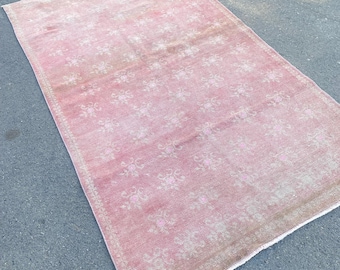 Vintage Pink Turkish Oushak Rug: Handmade Wool Accent Rug (4.5x7.9 ft).Tax Free USA