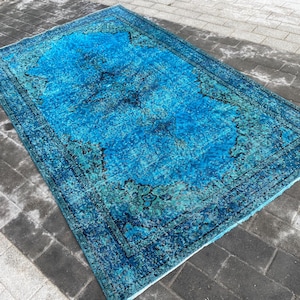 Vintage Turkish Rug, 6x10 Blue Area Rug,Turkish Area Blue Rug,Area Livingroom rug,Kitchen rug,Oushak Blue rug,Design rug,5.6x9.1 ft.