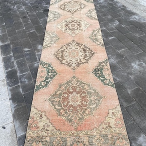 3x11 Turkish Runner rug, Runner rug, Oushak runner rug,Vintage rug,Green Brown runner rug, hallway rug, Handmade runner rug,&#39;&#39;2.9 x 11.1 &#39;&#39;