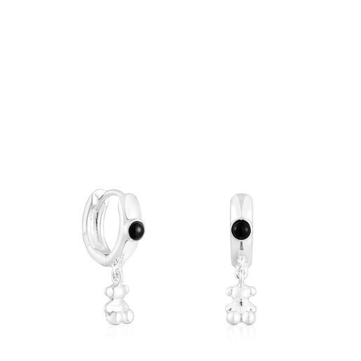 Tous Silver Bold Bear Hoop Earrings With Onyx and Bear Charm - Etsy