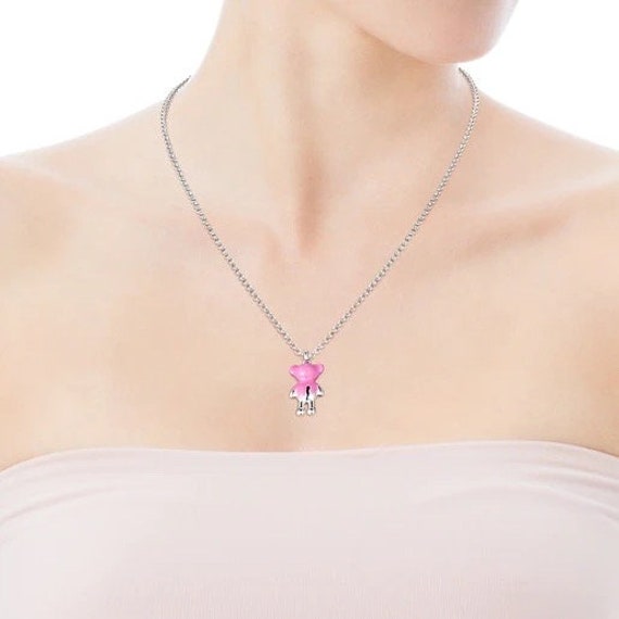 Tous Silver Teddy Bear Pendant With Pink Enamel - Etsy