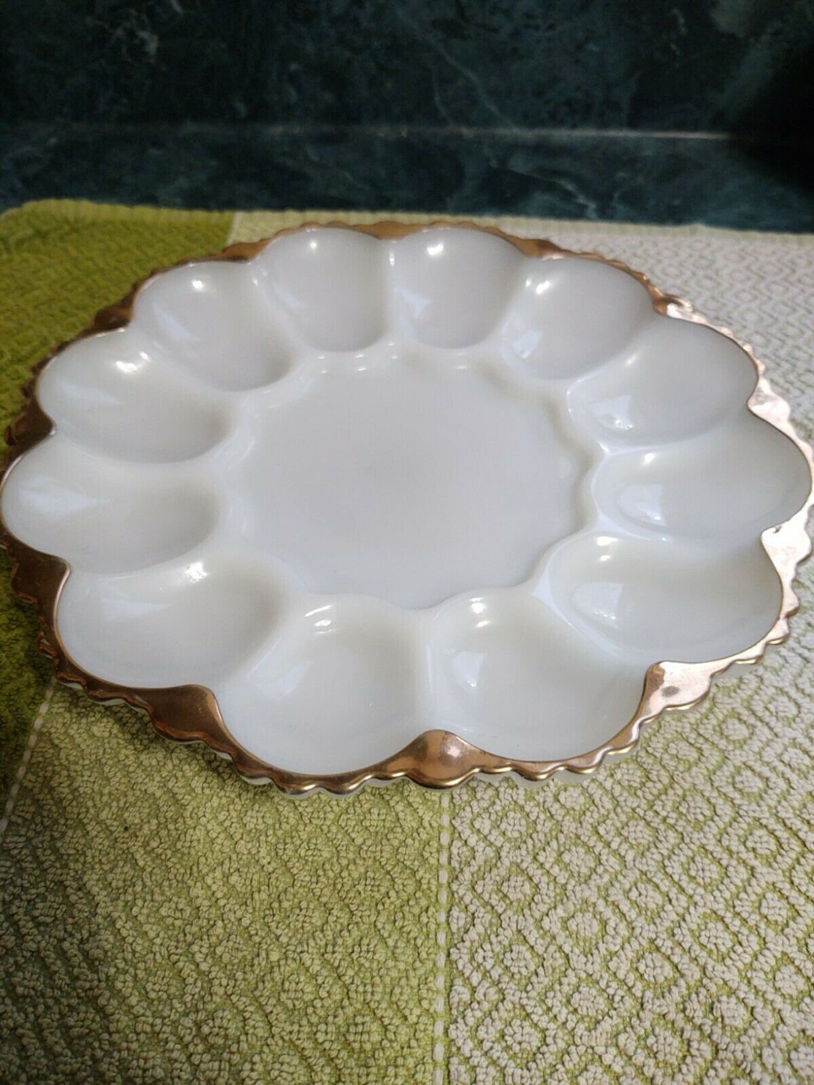 Vintage Milk Glass Deviled Egg Holder With Gold Trim Etsy