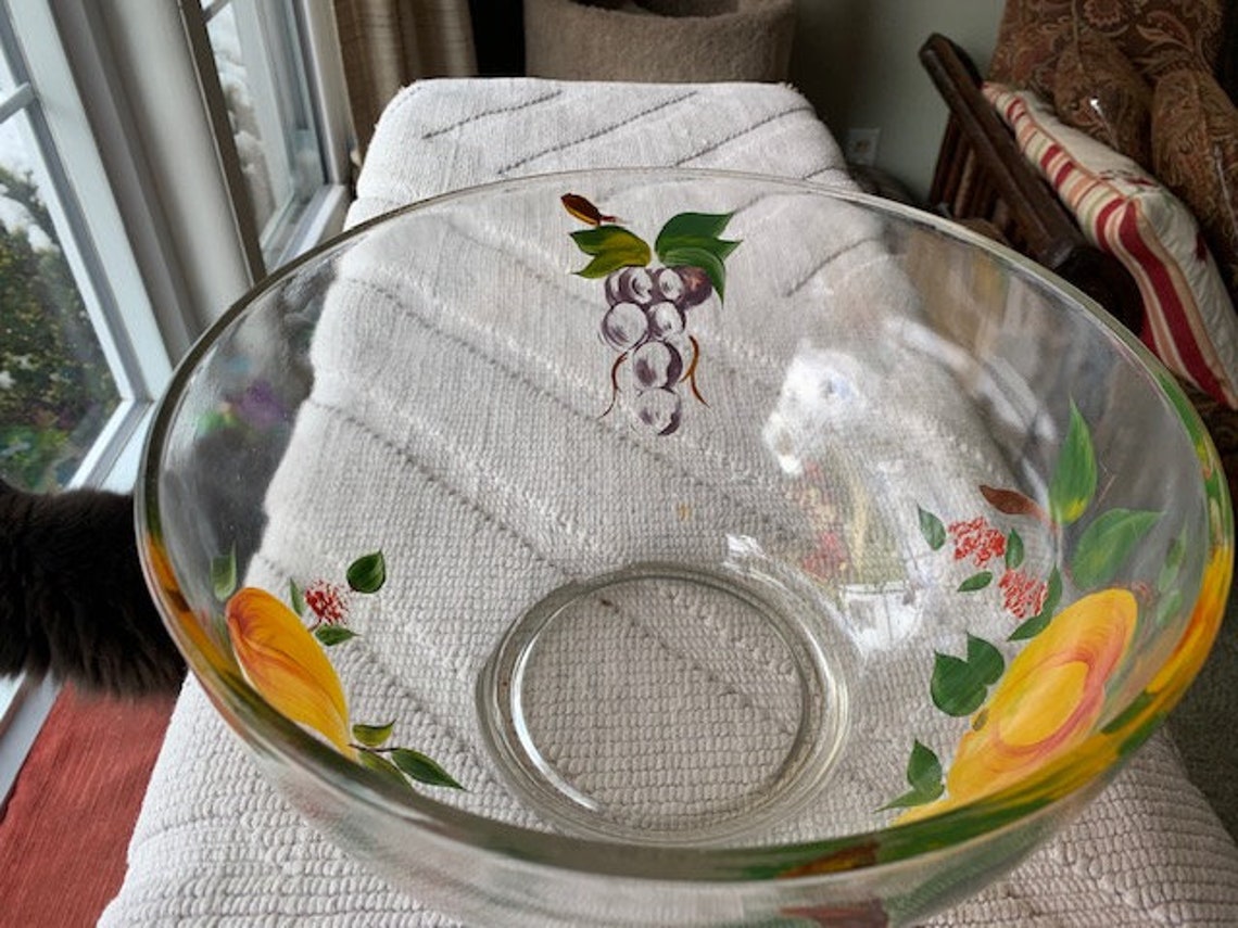 Hand Painted Clear Glass Fruit Bowl 10 Wide by 51/2 Wide Bowl