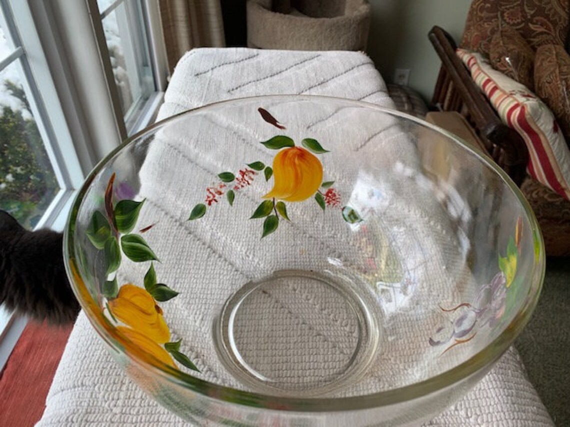 Hand Painted Clear Glass Fruit Bowl 10 Wide by 51/2 Wide Bowl Embellished With Fruit Designs