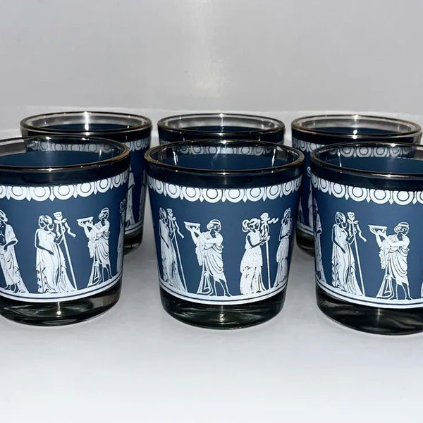 Lot of 6 Vintage Hazel Atlas Wedgewood Blue Short Glasses Egyptian w/ Gold Rims - 3-1/4" tall With Ice Bucket