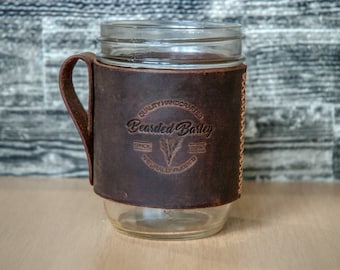 Leather Mason Jar Sleeve. Mason Jar Sleeve. Mason Jar Mug. Leather Mug. Leather Jar Coozie