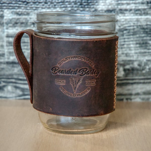 Leather Mason Jar Sleeve. Mason Jar Sleeve. Mason Jar Mug. Leather Mug. Leather Jar Coozie