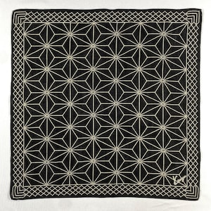 May include: Black square textile with a repeating geometric star pattern in white. The border features a white diamond pattern. A small signature is visible in the lower right corner. This decorative textile is suitable for home decor.
