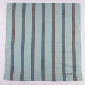 May include: A light blue and white striped handkerchief with vertical stripes in brown and blue. The handkerchief has the text "Jean Paul Gaultier" in the bottom right corner.