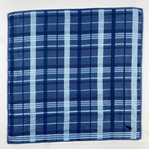May include: A blue plaid handkerchief with a small black logo in the corner. The pattern features varying shades of blue and white stripes. A classic and versatile accessory, perfect for everyday use. The handkerchief is square.