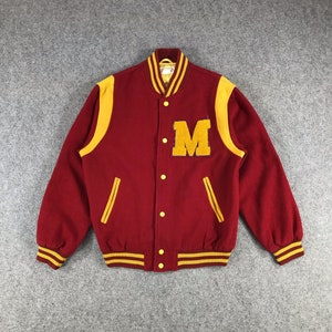 Chaqueta de lana Vintage Letterman de gran tamaño, chaqueta de lana Letterman de los años 80, chaqueta de lana roja vintage, chaqueta de lana Letter M, chaqueta de lana multicolor