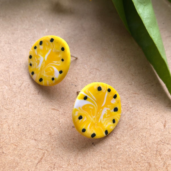 Handmade Polymer Clay Earrings | Limon-Dot Big Studs | Botanical Collection | Silver Plated | 18 mm