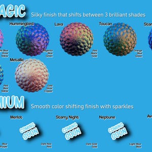 Pu&ograve; includere: Un grafico che mostra diverse finiture cangianti di colore per lo smalto per unghie. Le finiture si chiamano "Trimagic" e "Premium". Le finiture Trimagic sono: Macaw, Hummingbird, Lava, Toucan e Starling. Le finiture Premium sono: Voodoo, Merlot, Starry Night, Neptune e Aventurine.