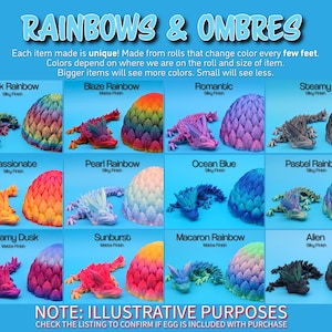 Pu&ograve; includere: Un collage di 12 uova di drago colorate, ognuna con un design sfumato unico. Le uova sono disposte in una griglia con etichette che indicano il colore e la finitura di ogni uovo. Il testo "RAINBOWS & OMBRES" &egrave; nella parte superiore dell'immagine. Il testo "NOTE: ILLUSTRATIVE PURPOSES" &egrave; nella parte inferiore dell'immagine. Il testo "CHECK THE LISTING TO CONFIRM IF EGG IS INCLUDED WITH PURCHASE" &egrave; sotto la nota.
