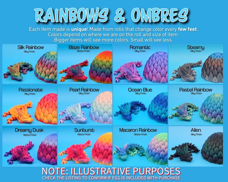 Pu&ograve; includere: Un collage di 12 uova di drago colorate, ognuna con un design sfumato unico. Le uova sono disposte in una griglia con etichette che indicano il colore e la finitura di ogni uovo. Il testo "RAINBOWS & OMBRES" &egrave; nella parte superiore dell'immagine. Il testo "NOTE: ILLUSTRATIVE PURPOSES" &egrave; nella parte inferiore dell'immagine. Il testo "CHECK THE LISTING TO CONFIRM IF EGG IS INCLUDED WITH PURCHASE" &egrave; sotto la nota.