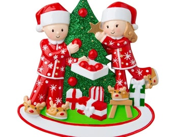 Couple Decorating Christmas Tree- Personalize with 2 Names