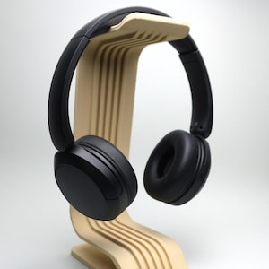 Minimalist 3D Print Wood Headphone Stand | Sculptural headphone holder, modern tech home desktop accessory, gaming headset hanger organizer