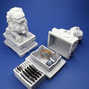 Organizzatore da scrivania Stone Lions / Organizzatore per schede SD con stampa 3D, scultura in marmo, accessorio per ufficio, porta anelli, portaoggetti, scatola portaoggetti