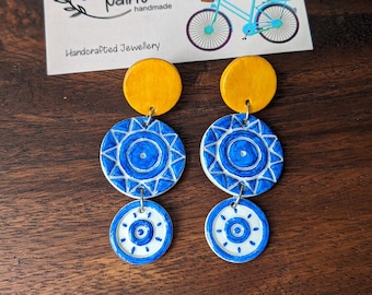 Greek earrings, Blue white earrings, summer statement jewellery, air dry clay earrings, hand painted beach earrings