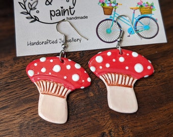 Red mushroom earrings, fungi earrings, handmade earrings