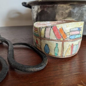 Clay bangle bracelet featuring a hand painted bookcase scene, wearable whimsical clay art image 5