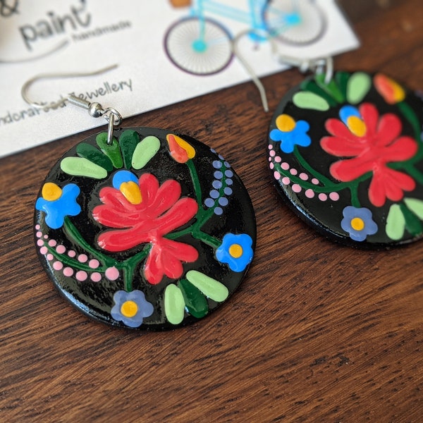 Hungarian folk art clay drop earrings, black floral statement earrings, air dry clay jewellery