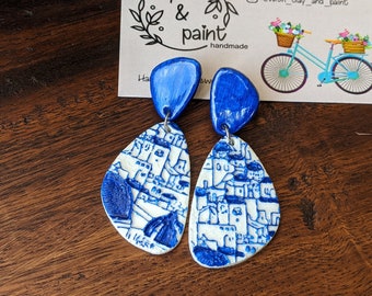 Greek islands earrings, blue and white embossed clay earrings, Santorini textured earrings, handmade air dry clay earrings