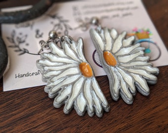 Daisy earrings, large embossed flower earrings, textured floral earrings,half flower clay earrings