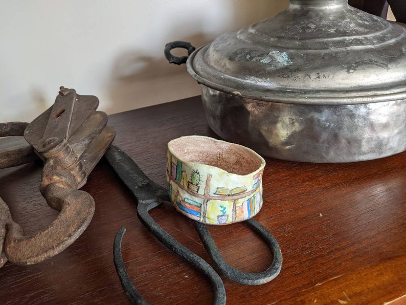 Clay bangle bracelet featuring a hand painted bookcase scene, wearable whimsical clay art image 10