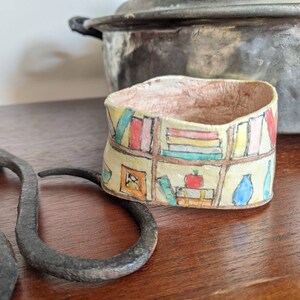 Clay bangle bracelet featuring a hand painted bookcase scene, wearable whimsical clay art image 4