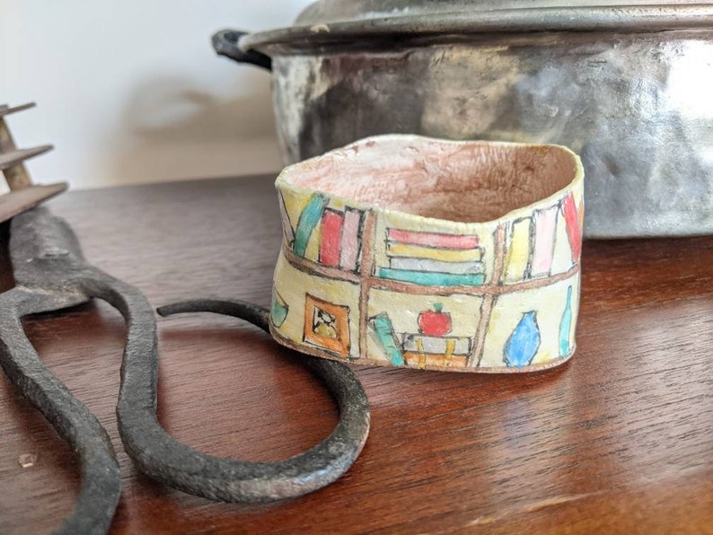 Clay bangle bracelet featuring a hand painted bookcase scene, wearable whimsical clay art image 4