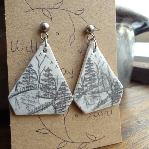 Pencil landscape earrings, triangle air dry clay earrings