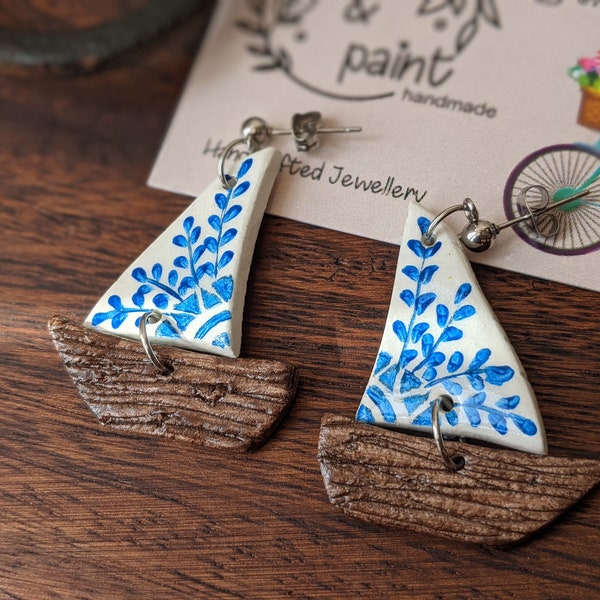 Little boats handmade air dry clay earrings, summer clay drop earrings, nautical stainless steel hypoallergenic beach jewellery