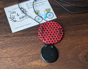 Polka dot necklace black & red,  spotty clay necklace