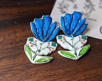 Blue flower earrings, 3 piece floral earrings, handmade air dry clay flower earrings, hand painted summer earrings