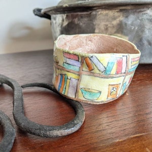 Clay bangle bracelet featuring a hand painted bookcase scene, wearable whimsical clay art image 3