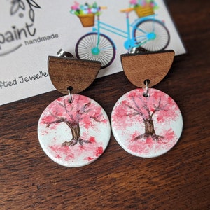 Cherry blossom earrings, pink tree earrings, small round hand painted earrings