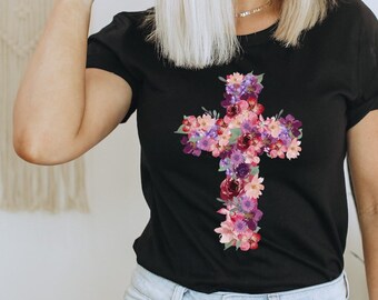 Blomkors-T-shirt, kristen skjorta, trosskjorta, boho kristen skjorta, söndagskyrka, bibelgåva, bibelklubb