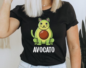 May include: Black t-shirt with a cartoon avocado cat wearing a smile and the text "AVOCATO".