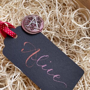 Personalised handwritten modern calligraphy gift tag with wax seal stamp