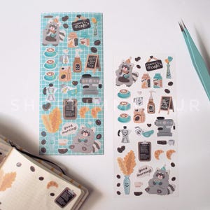 Feuille d'autocollants déco Rodney's Cafe | Stickers pour Journal, Holographiques, Stickers raton laveur, Stickers Mignons, Esthétique Café
