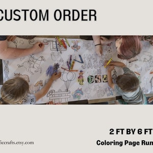 May include: A large, white colouring page runner with a farm animal theme. The runner is 2 feet by 6 feet and features a variety of animals, including cows, horses, pigs, and chickens. The runner also includes the text "HOLY COW JASP IS ONE".
