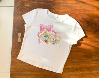 Daisy Duck and Donald Duck Locket Baby Tee, Daisy Duck and Donald Duck Baby Tee, Disney Coquette Locket Baby Tee