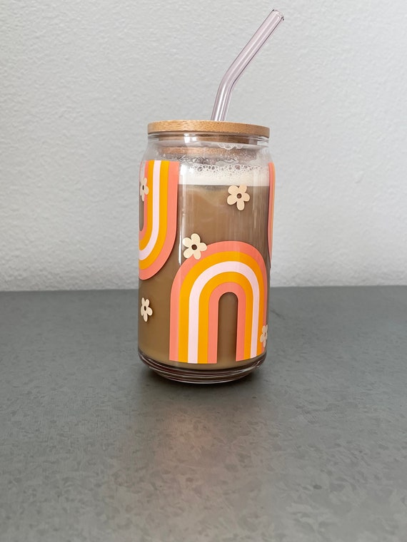 Iced Coffee Glass, Glass Coffee Cup, 16 Oz, Beer Can Glass, Boho Tumbler,  Glass Cups With Lids and Straws 